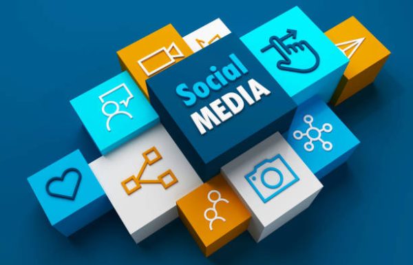 Perspective view of 3D render of SOCIAL MEDIA business concept with symbols on colorful cubes